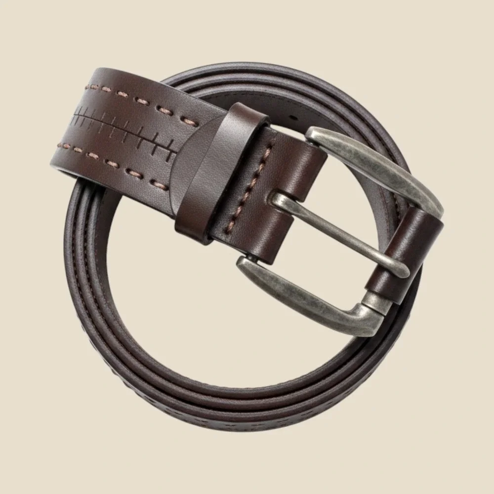 men's dark brown leather Orvis belt thick, rugged‎ strap accent stitch rows 44